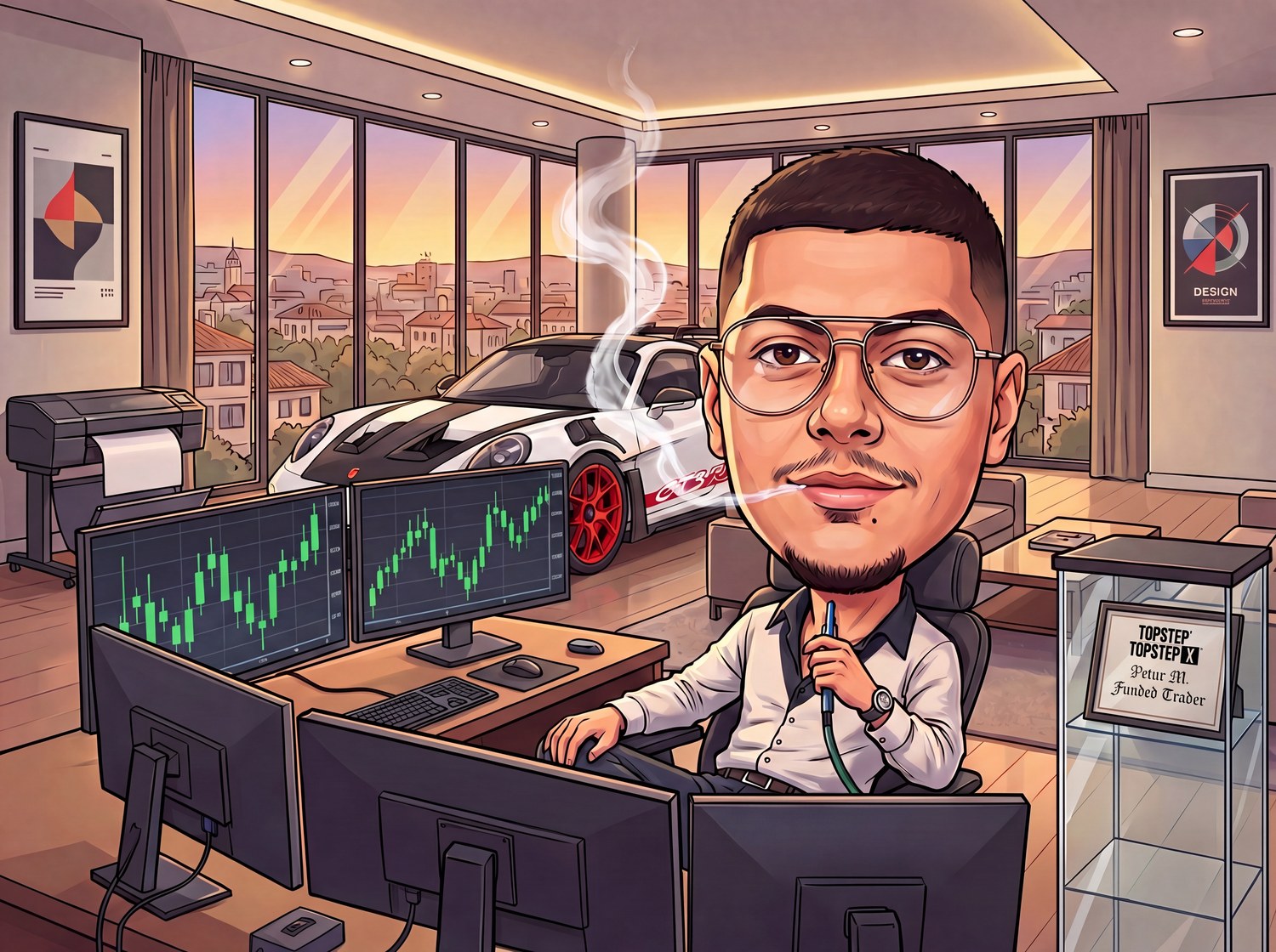 Карикатура на трейдър пред монитори с графики и Porsche — подарък за колега
